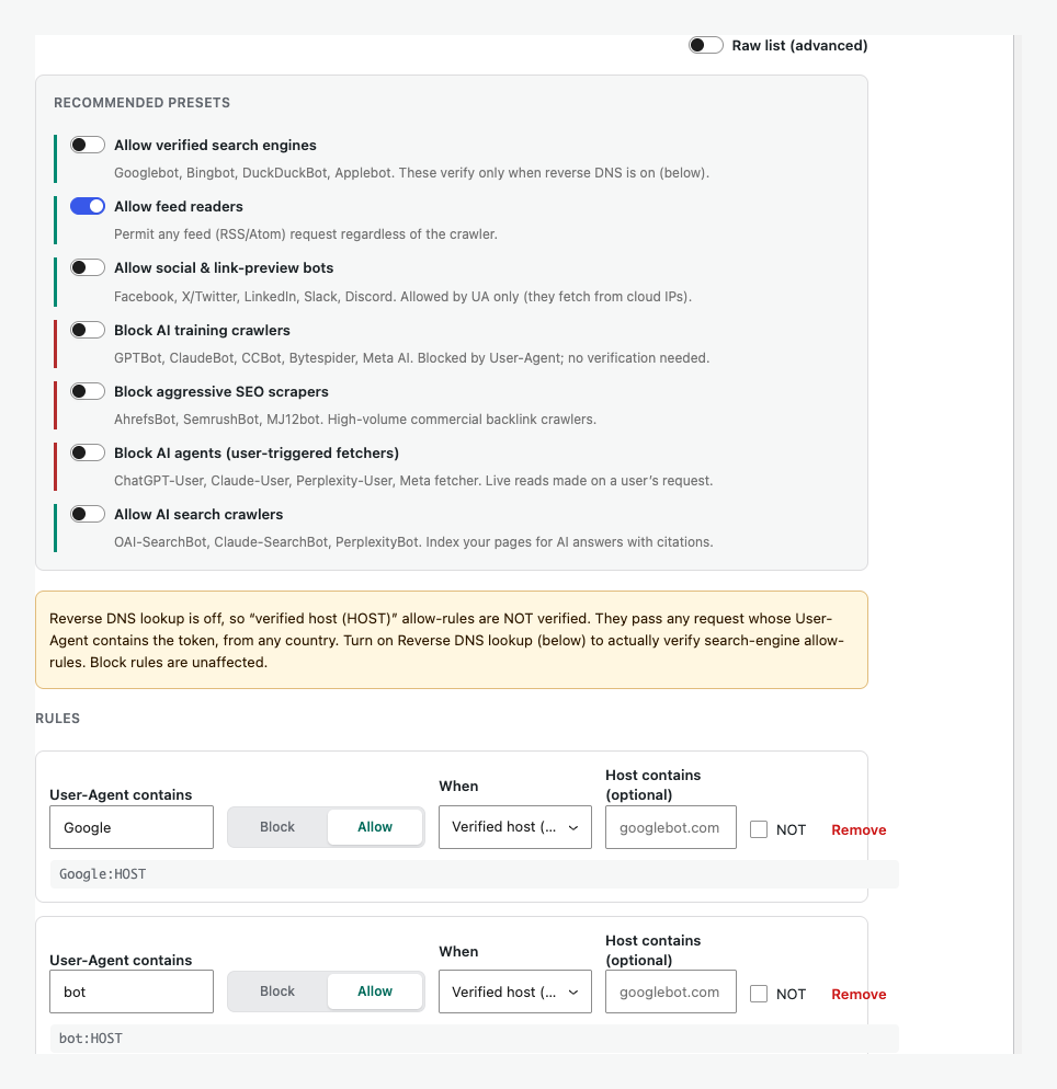 Use curated bot presets or control individual crawler rules.