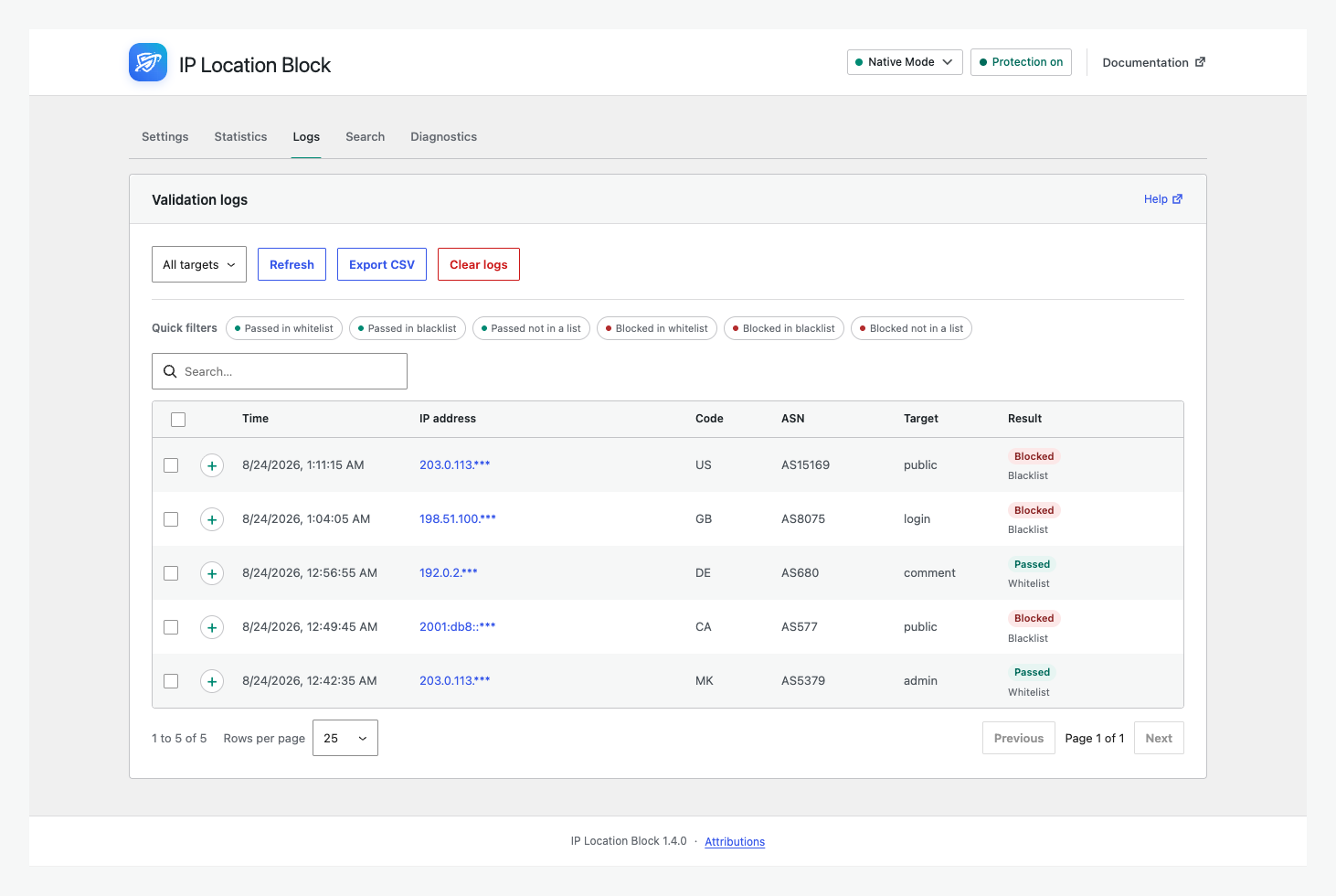 Filter, inspect, and export blocked or allowed validation logs.