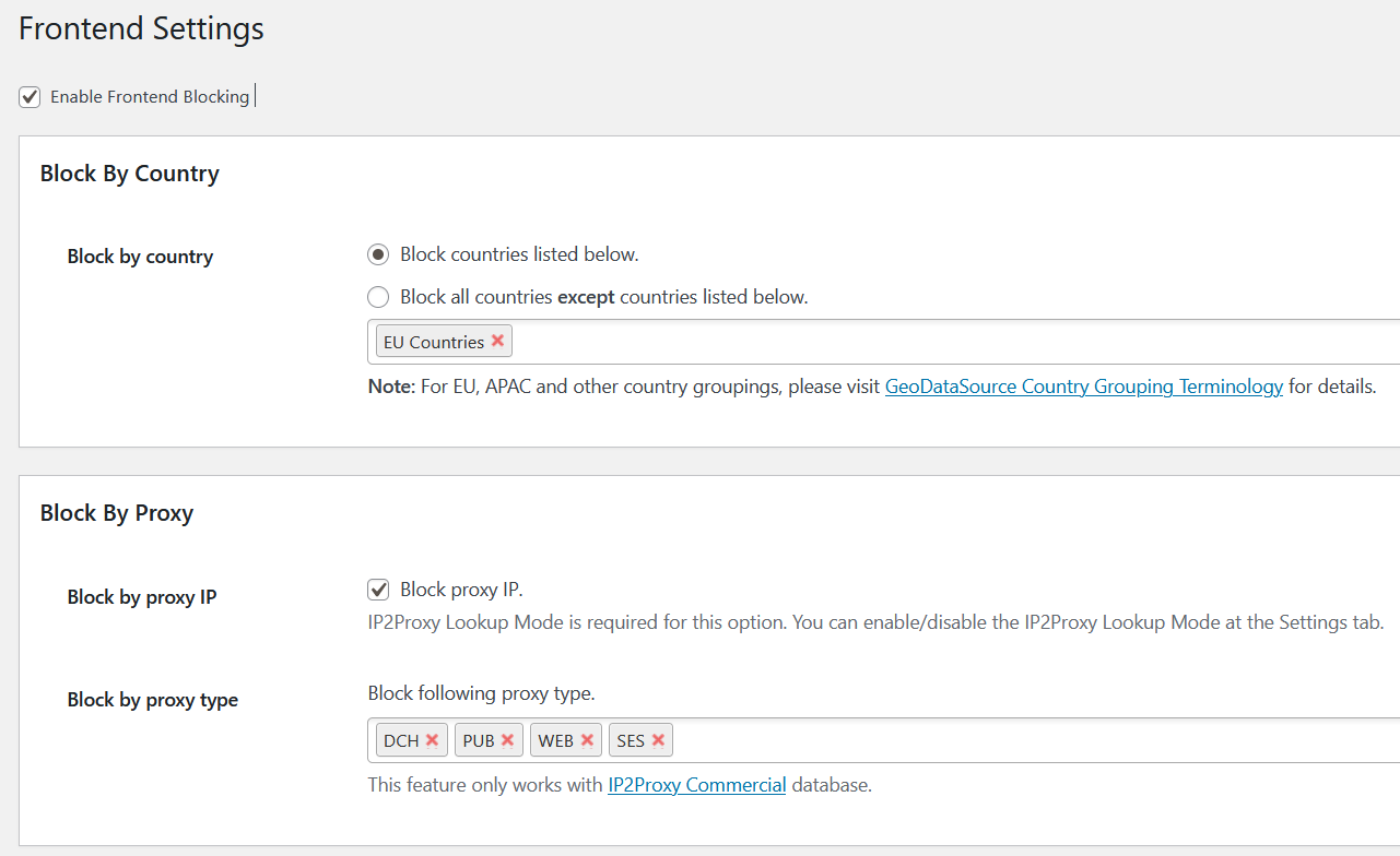 <strong>Frontend blocking</strong> - Select countries that you would like to block from accessing your blog pages. Page redirection supported.