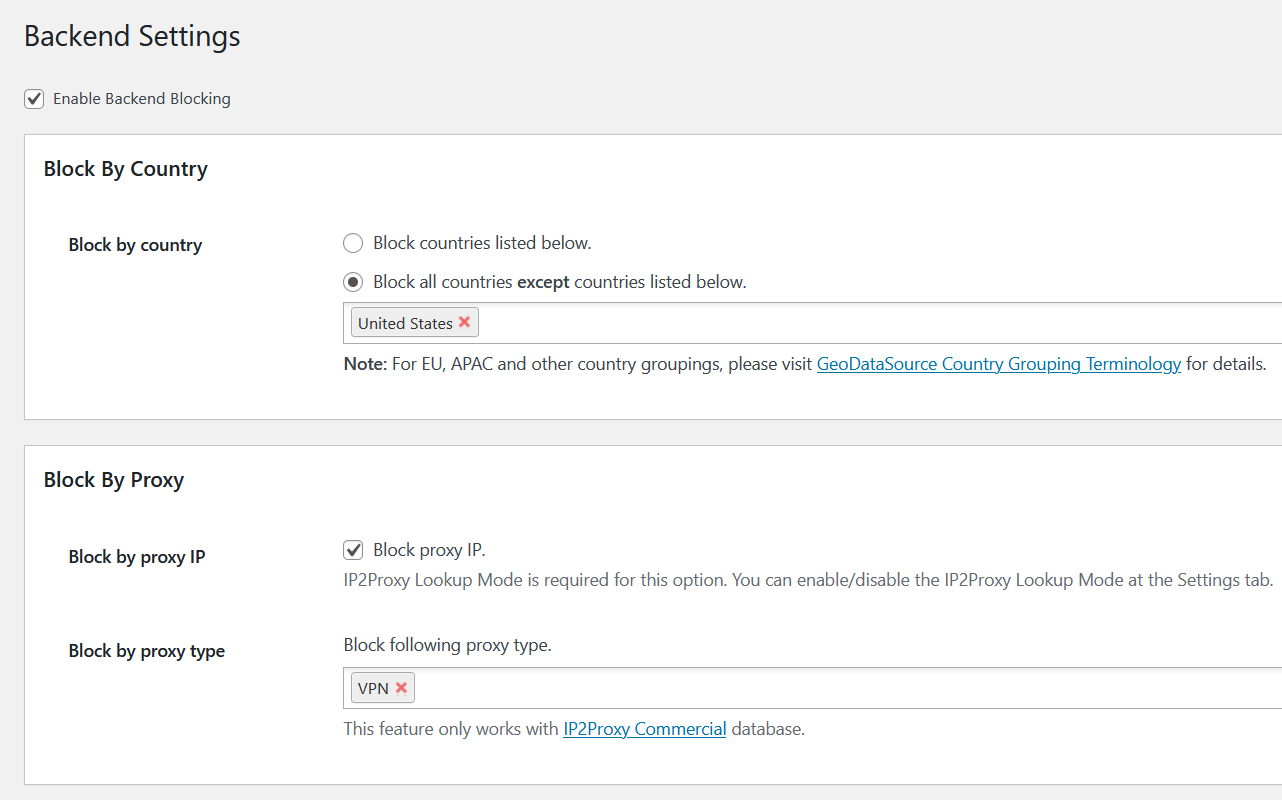 <strong>Backend blocking</strong> - Select countries that you would like to block the visitors from accessing your admin area (wp-login) page. Page redirection supported.