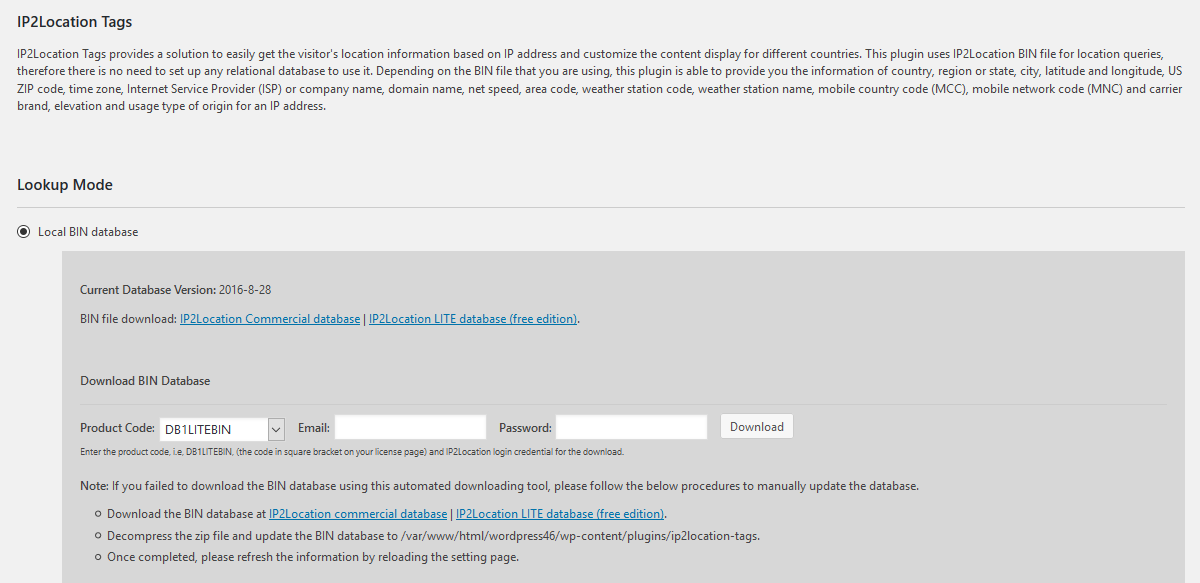 IP2Location Tags setting page