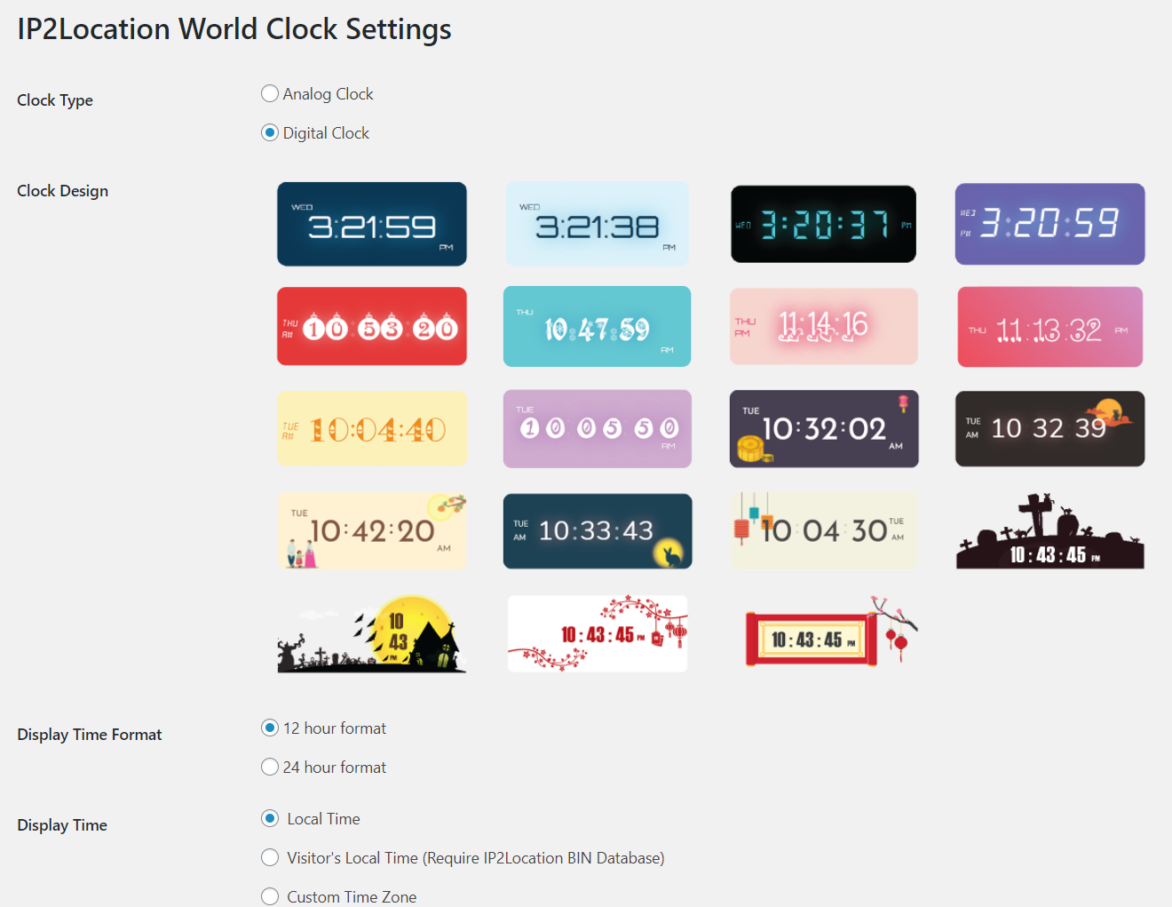 IP2Location World Clock settings page - digital clock design