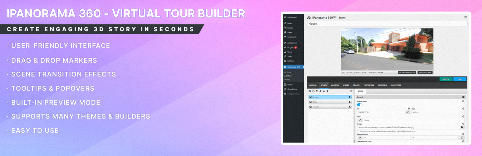 WordPress 外掛 iPanorama 360 – Advanced Virtual Tour Builder 的封面圖片。