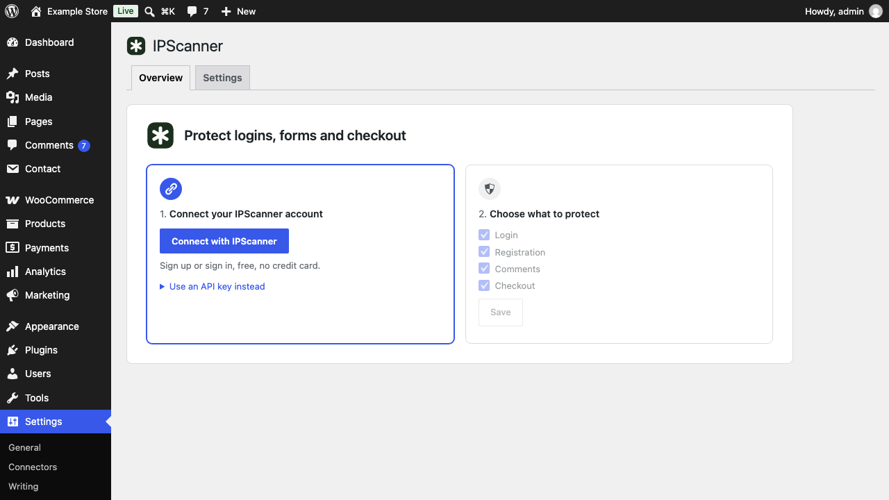 Getting started: connect your account, then choose what to protect.