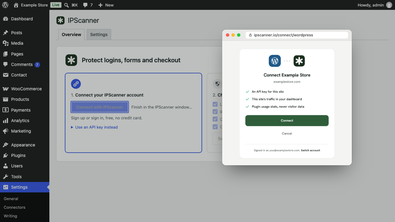 Connect with IPScanner: sign up or sign in, no key to copy.