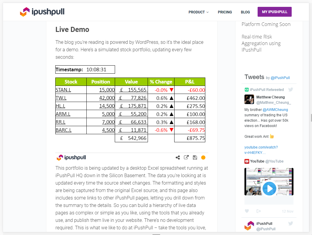 Live data from an Excel spreadsheet embedded in the ipushpull WordPress blog.