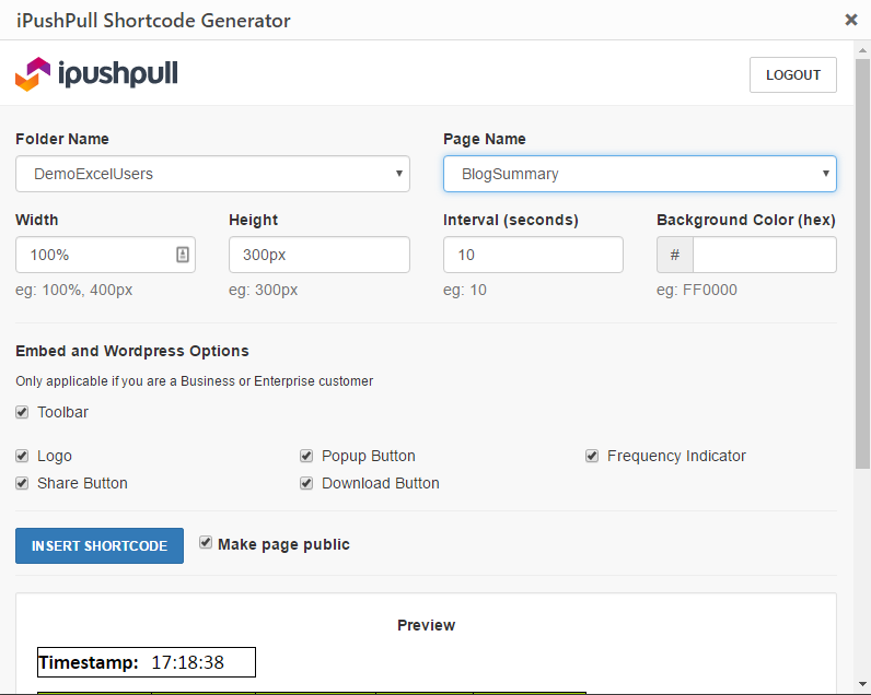 The ipushpull Shortcode Generator automatically creates shortcodes from the folder, page and other options you select.