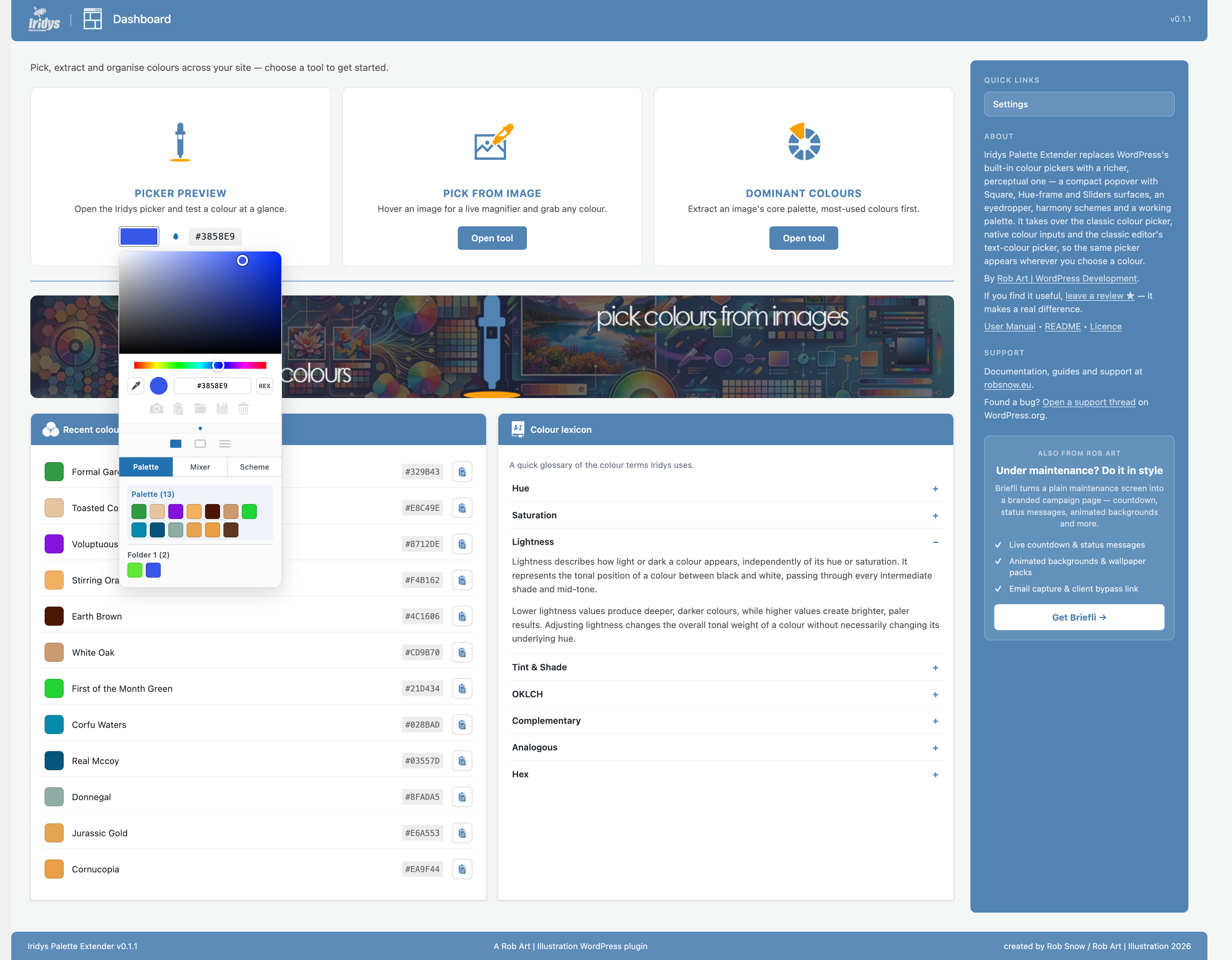 The Dashboard — three tool cards, Recent Colours, the Colour Lexicon and the Colour of the Day.