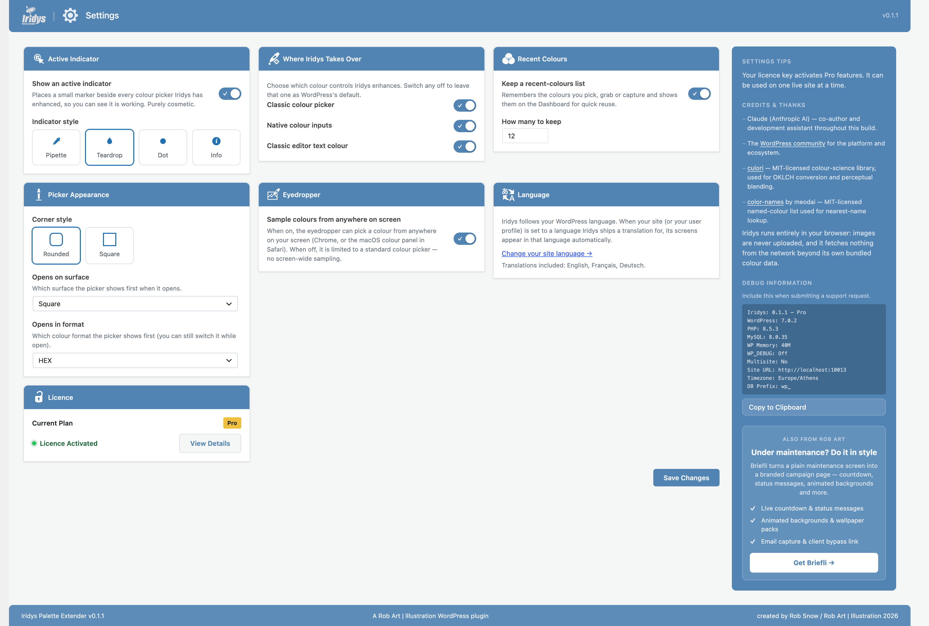 The Settings screen — a single-page card grid controlling the indicator, takeovers, picker appearance, eyedropper, recent colours and language.