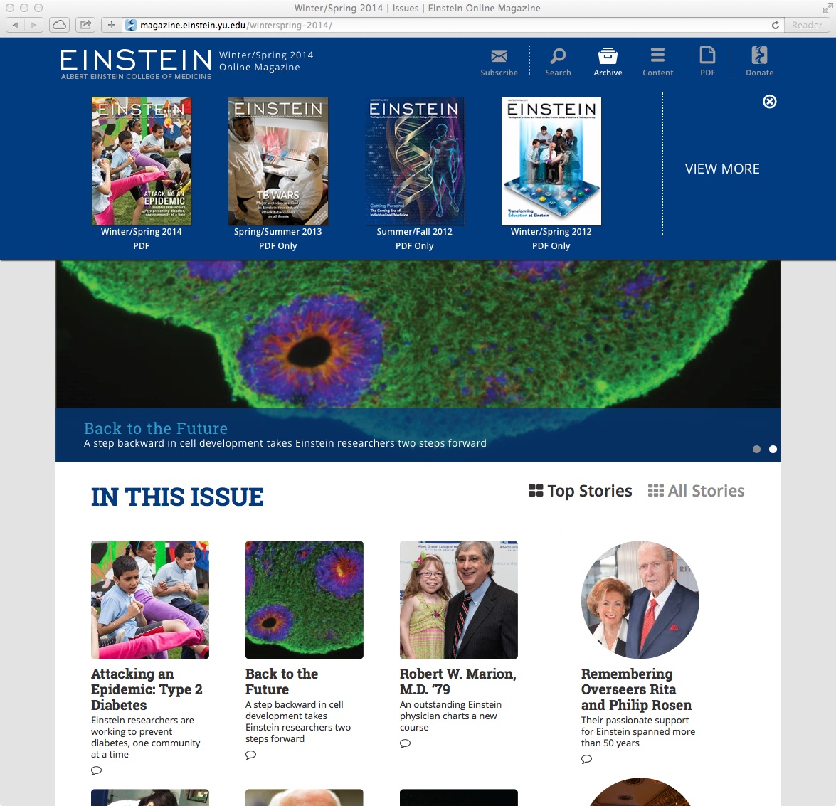 Einstein College of Medicine - Current Issue with past issue menu (custom programming)