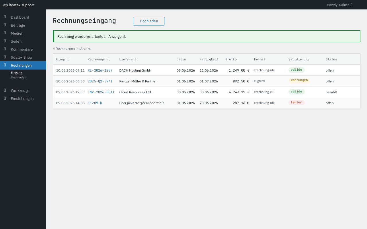 The inbox view lists all received invoices with format, dates, amounts and a validation status badge.