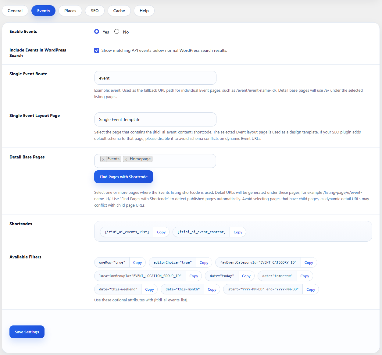 Events module settings, dynamic routes, and shortcode options.