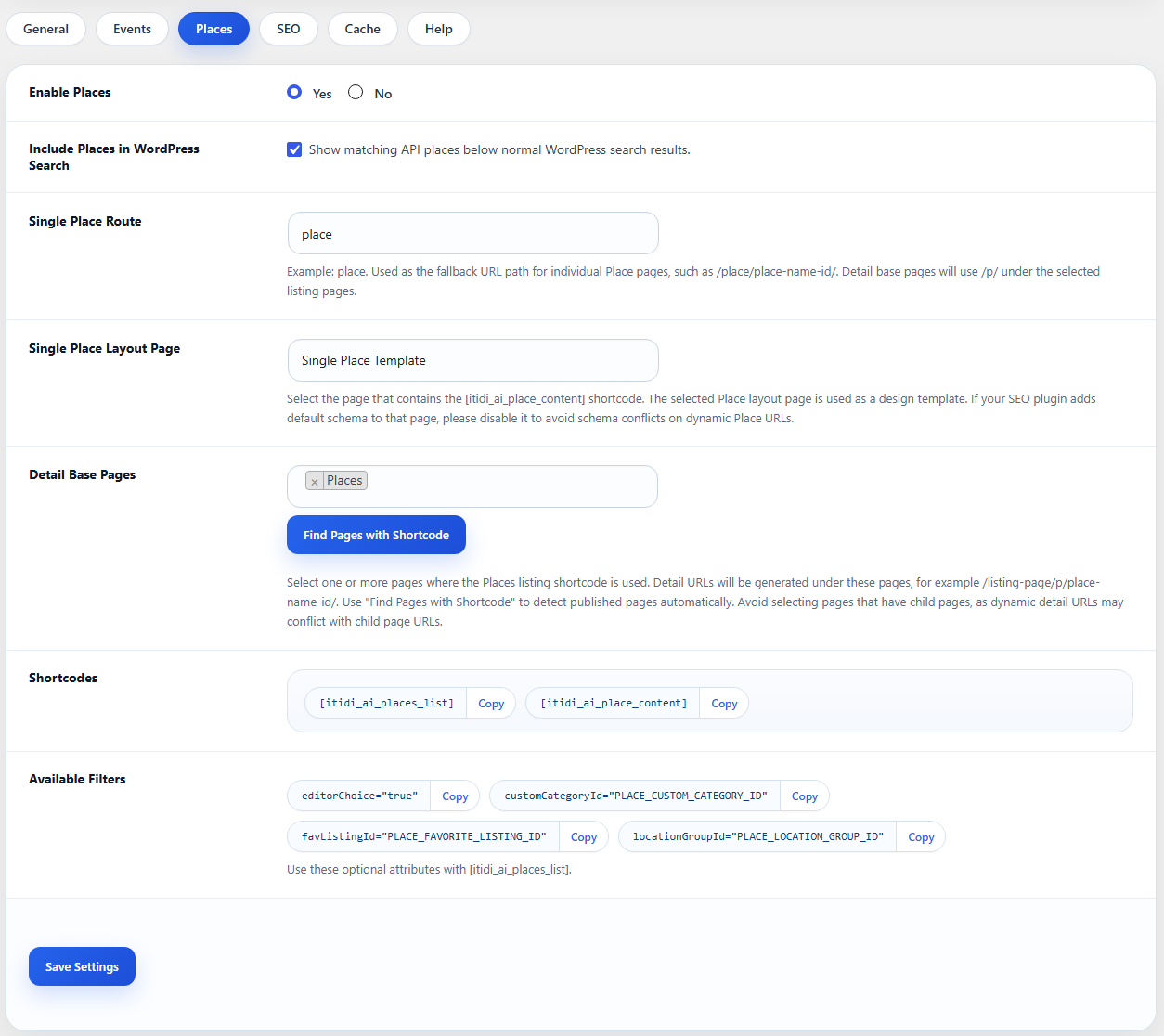 Places module settings and listing configuration.