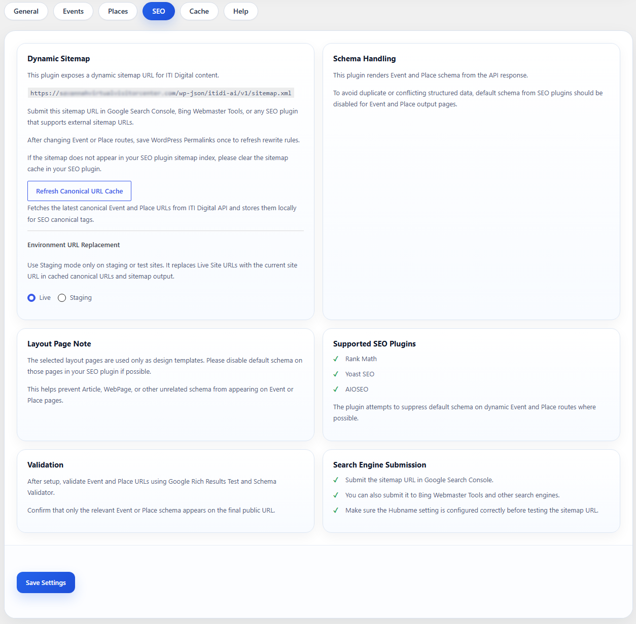 SEO tools including dynamic sitemap, canonical handling, and staging mode.