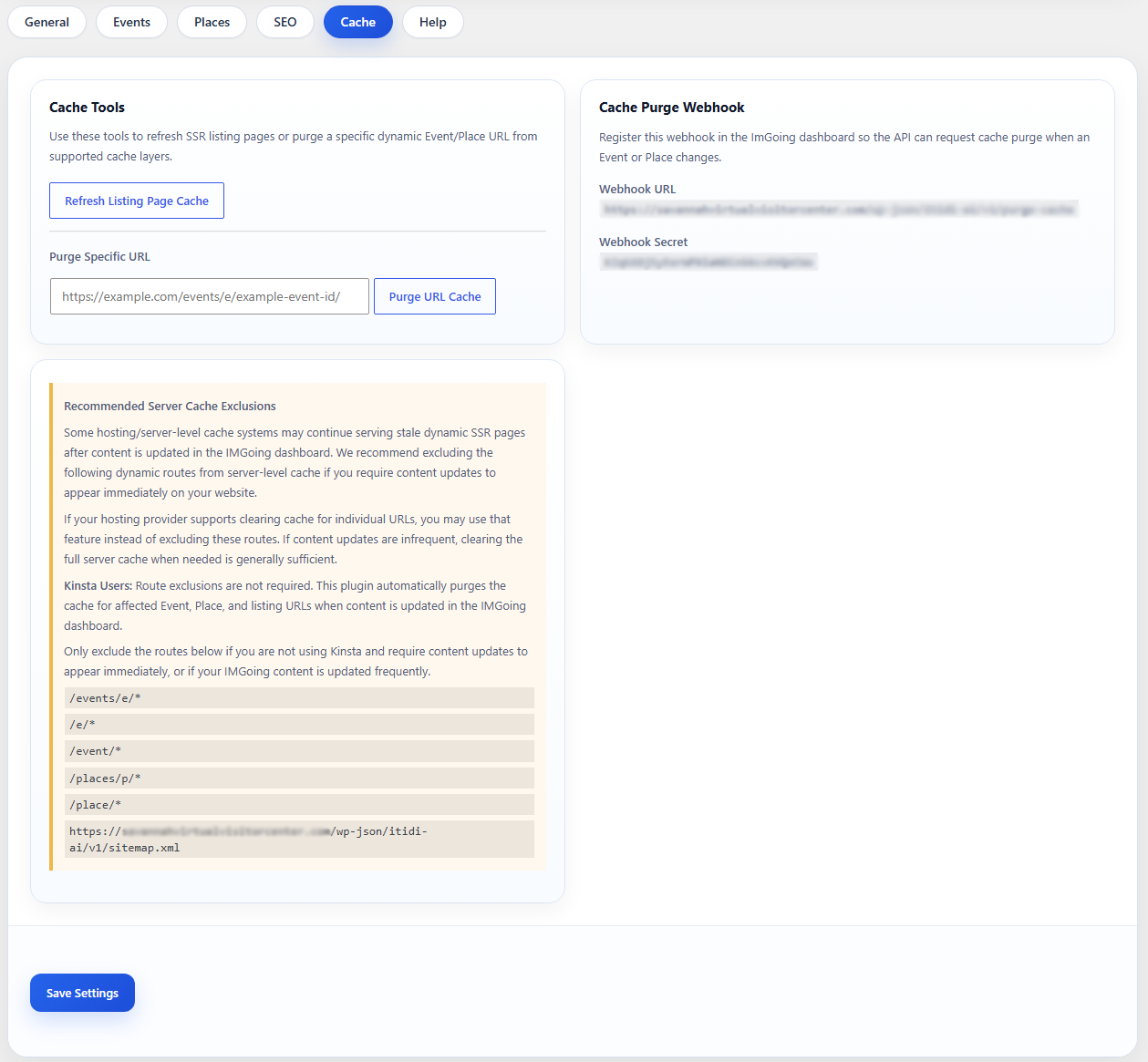 Cache tools, webhook configuration, and cache management.