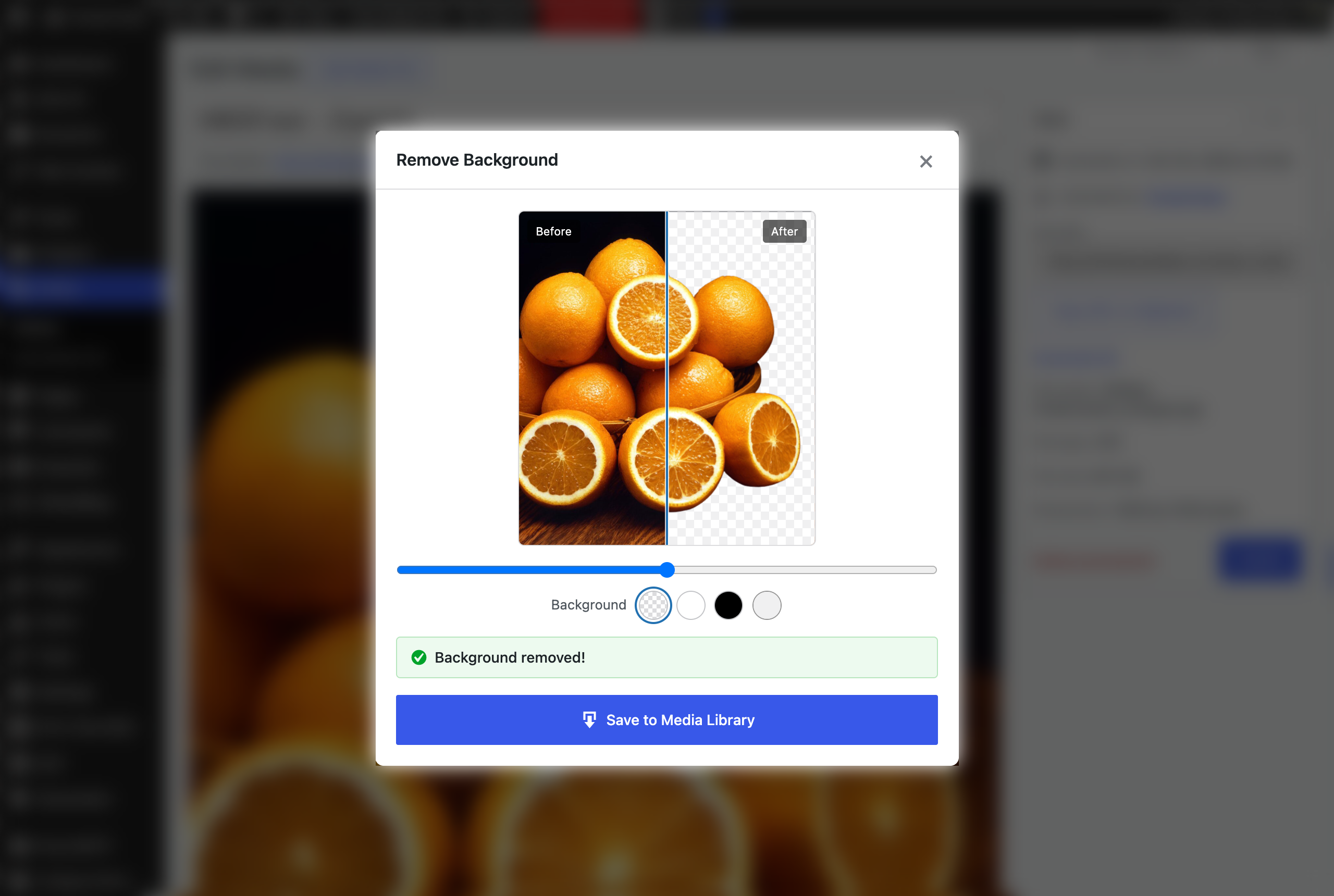Before/after comparison slider in the preview window