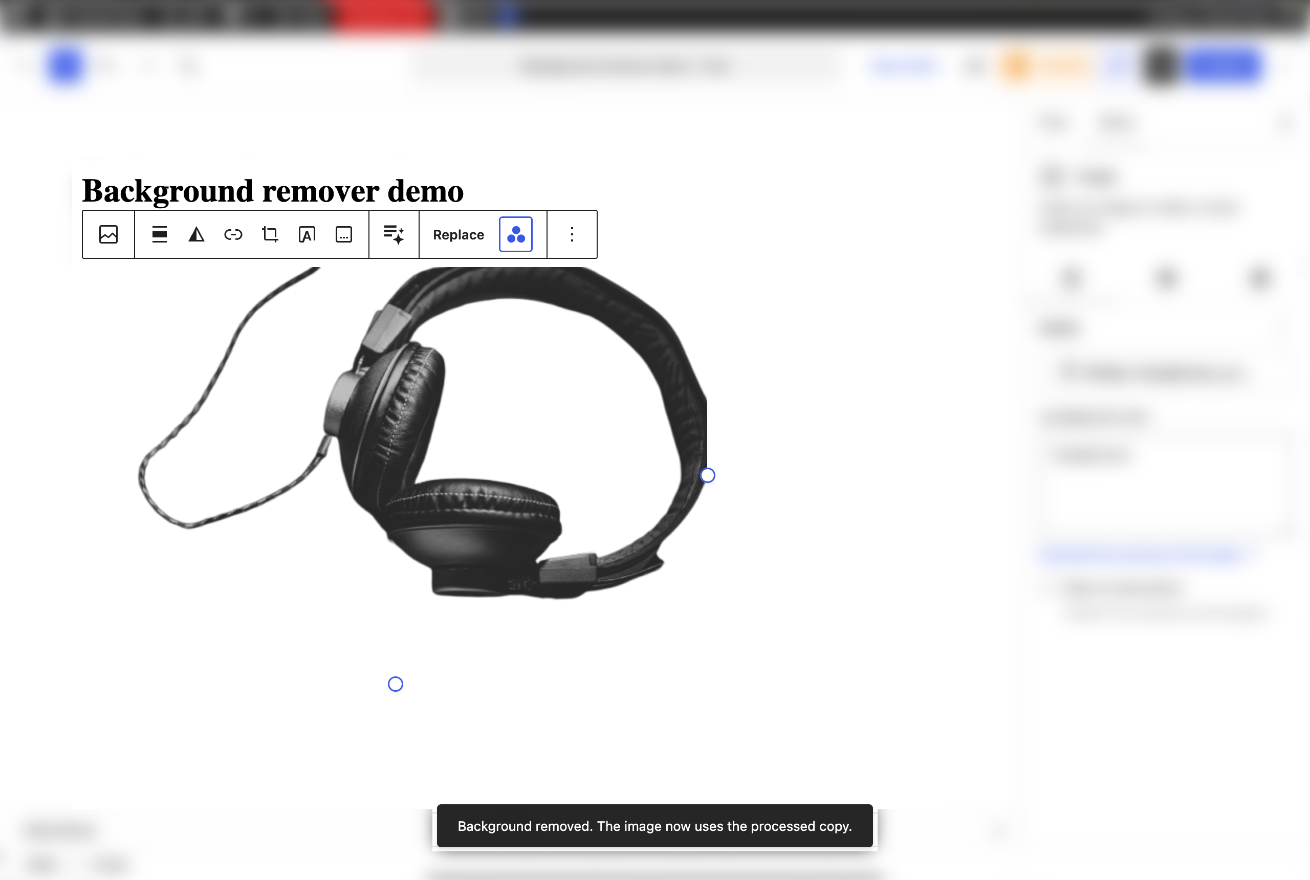 Remove background straight from the block editor's Image block toolbar — the block switches to the processed copy