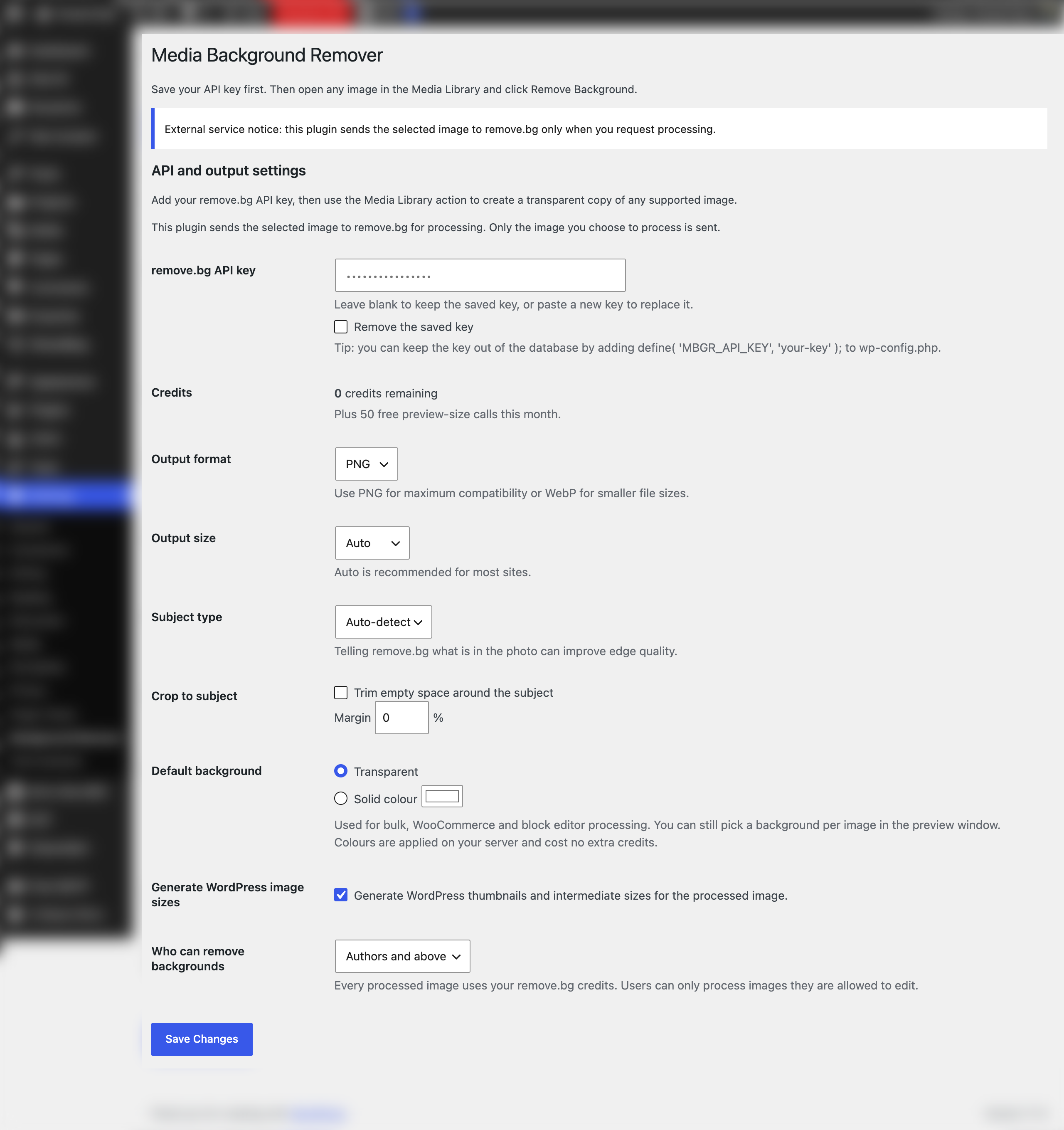 Settings page with output, crop, background, access and credits options