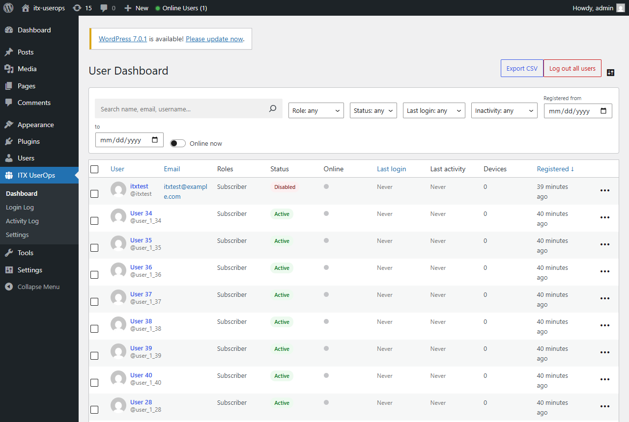 Unified user dashboard with online status, last login, sessions and quick filters
