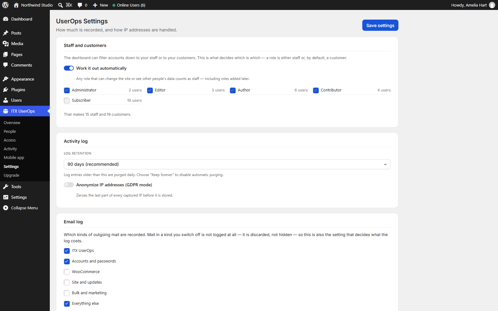 Settings — staff and customers, log retention, privacy and which mail is logged