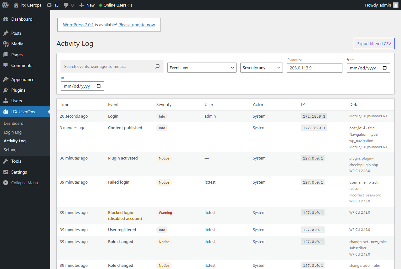 Activity log with filtering and CSV export