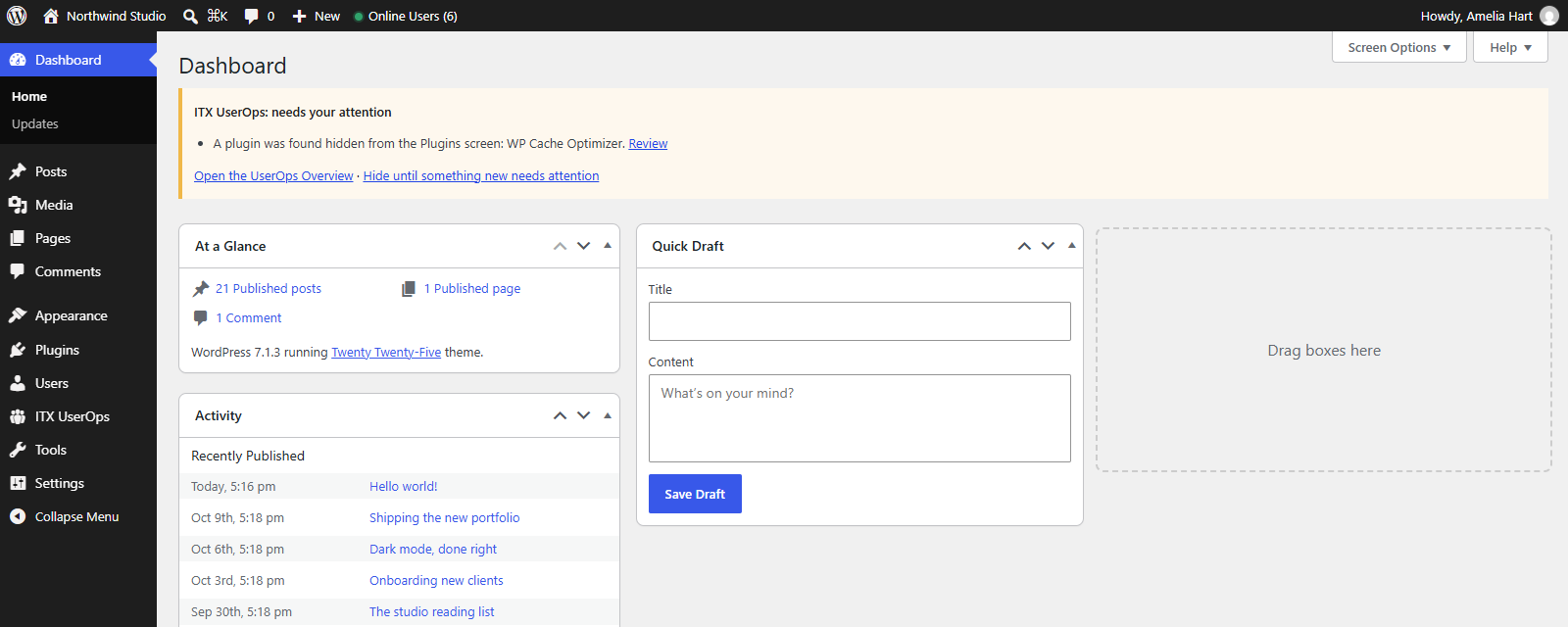 The same finding at the top of the WordPress Dashboard