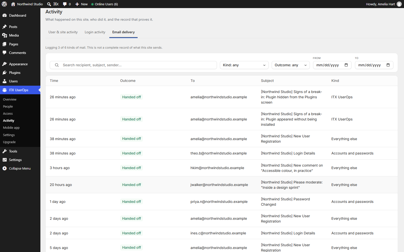 Email delivery — what the site handed to the mail server, including its own alerts