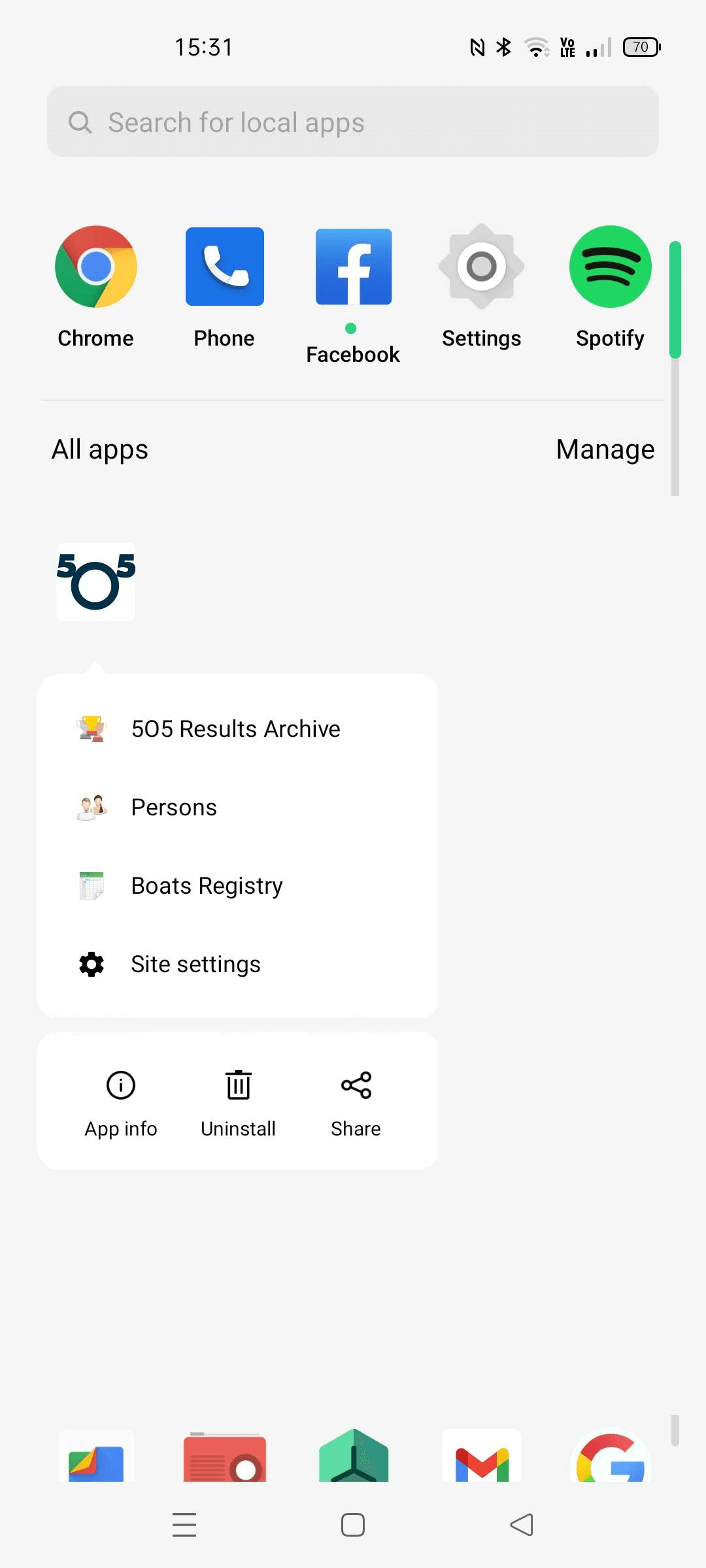 Shortcuts menu on Android.