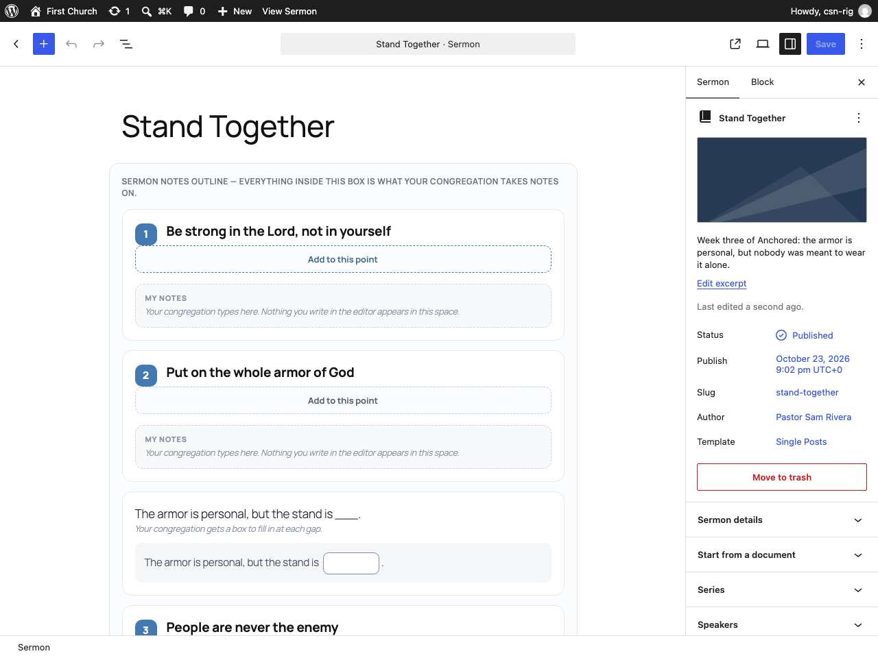 Writing the outline in the normal WordPress editor — points, a fill-in-the-blank sentence, and a reflection question.