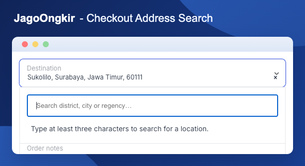 Search for a checkout destination by district, city, or regency.
