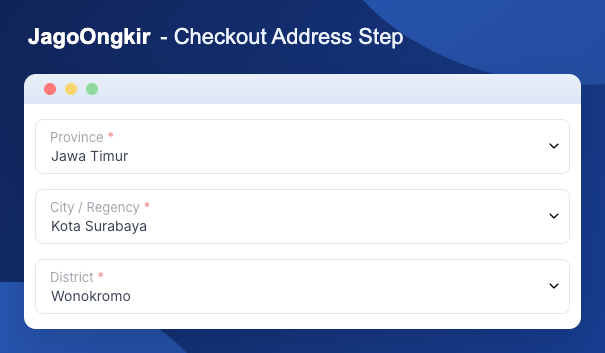 Select the checkout province, city or regency, and district using step-by-step dropdowns.