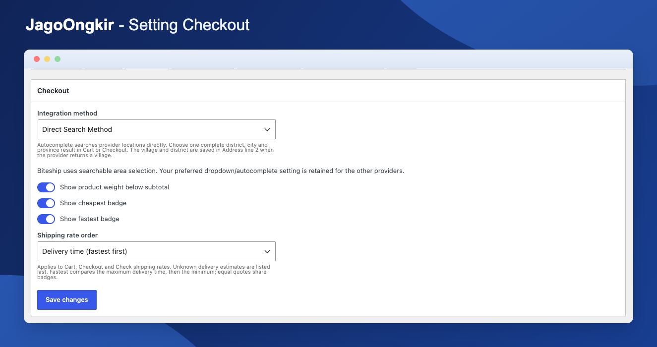 Configure checkout destination selection, product weight display, shipping badges, and rate sorting.