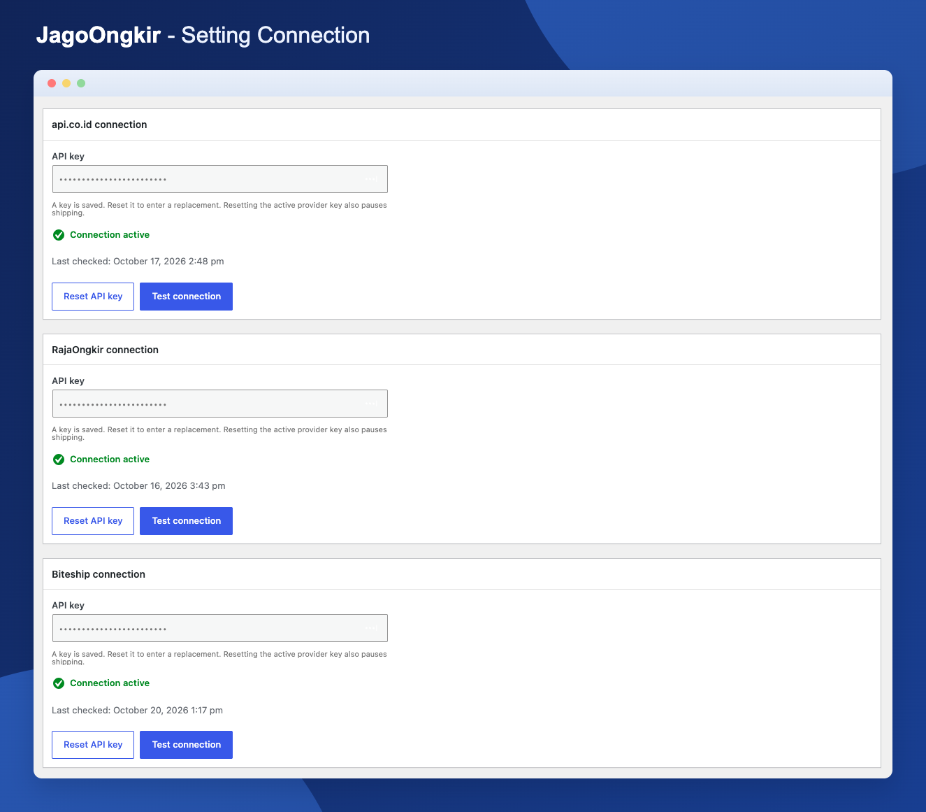 Configure and test API connections for api.co.id, RajaOngkir, and Biteship.
