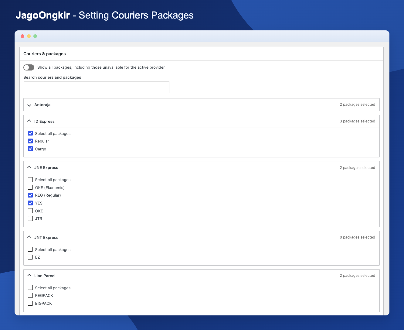 Choose courier services and search available couriers and packages.