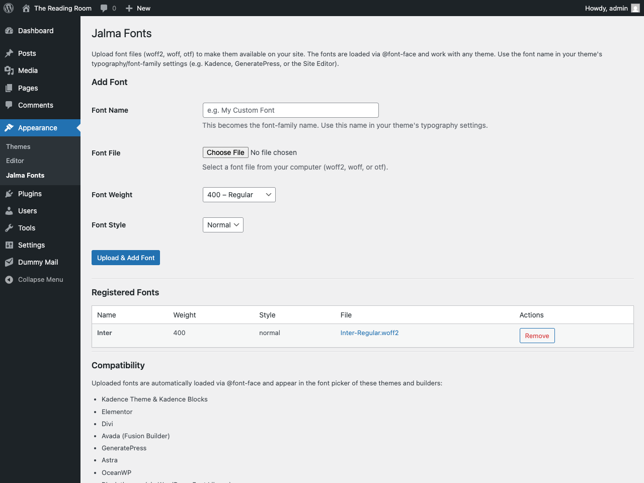 The Simple Fonts admin page where you upload and manage fonts.