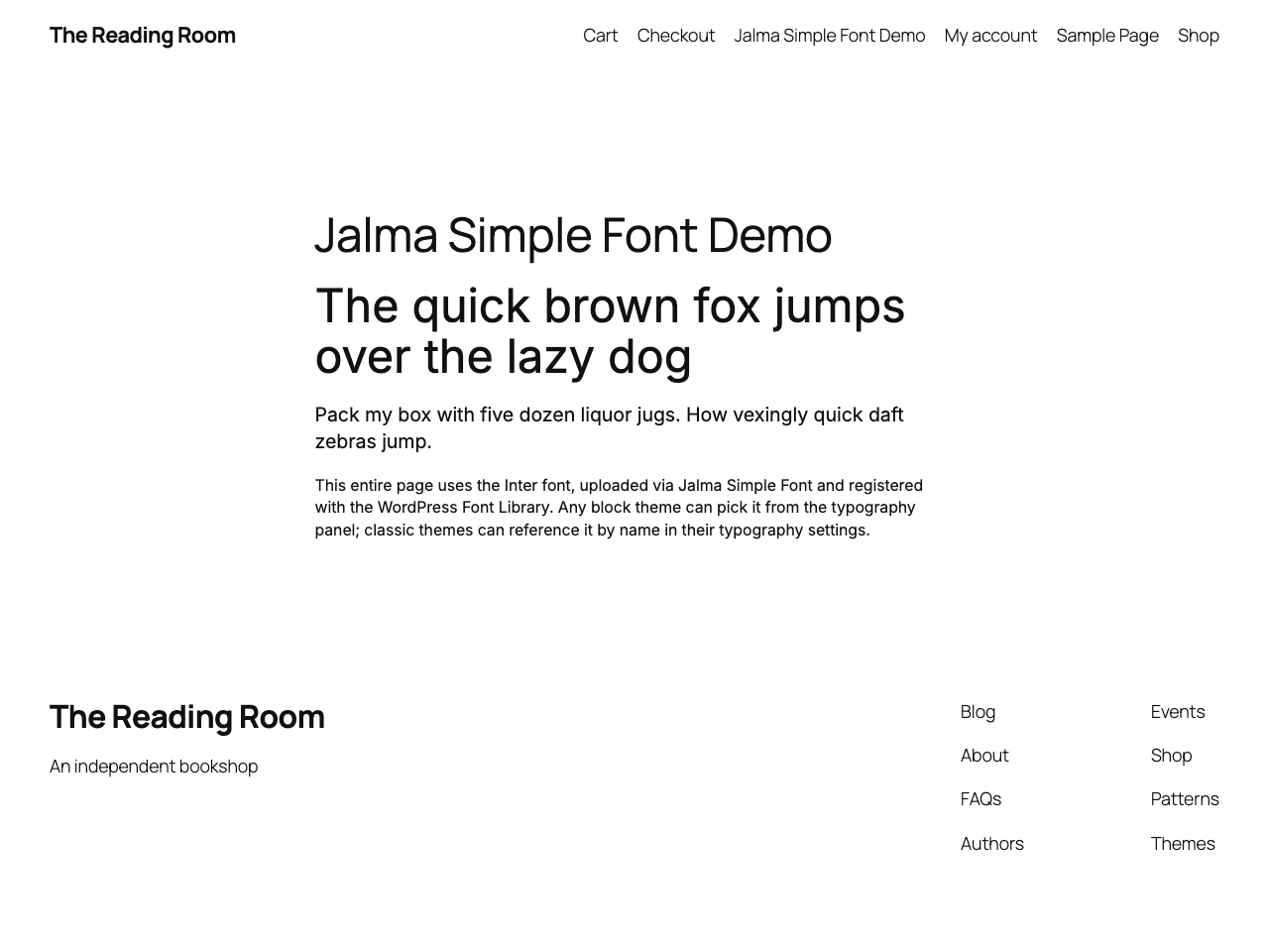 A page using the uploaded font on the frontend — the font works with any block or classic theme.