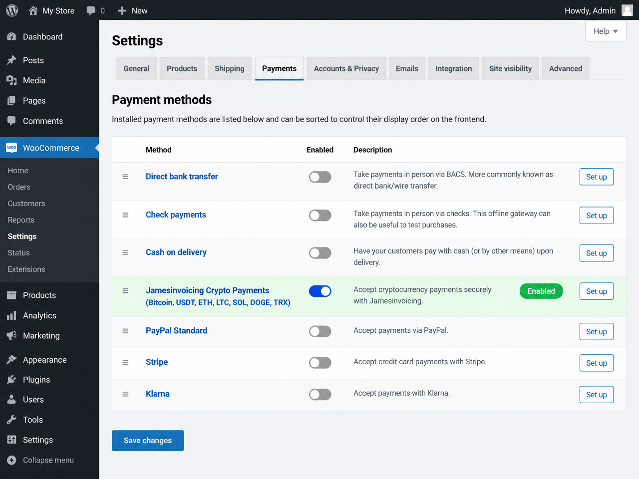 Enable Jamesinvoicing Crypto Payments in WooCommerce > Settings > Payments.