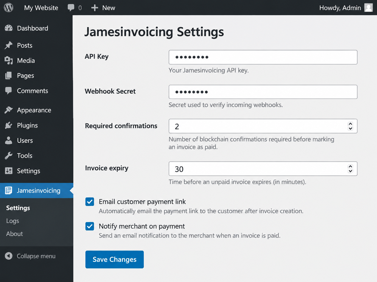 Plugin settings: API key, webhook secret, confirmations, expiry and notifications.