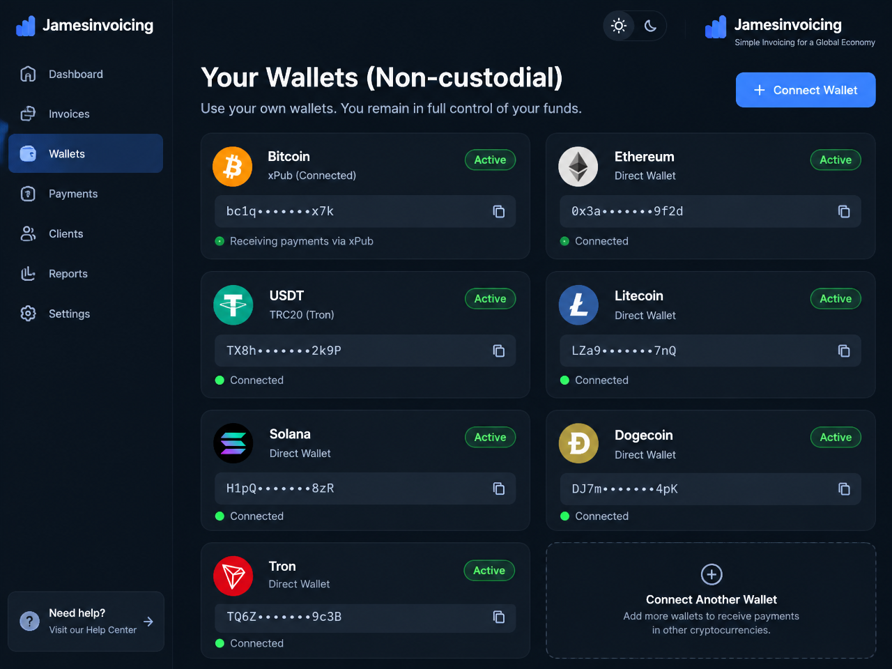 Non-custodial wallets and xPub for BTC, ETH, USDT, LTC, SOL, DOGE and TRX.