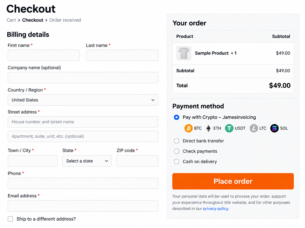Customers choose "Pay with Crypto" at checkout.