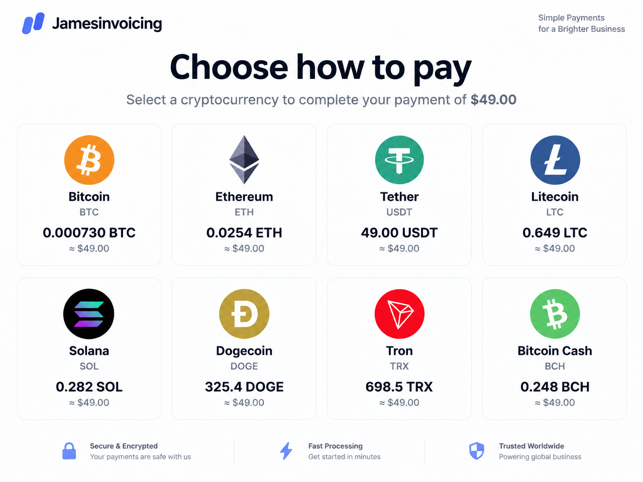 Buyers choose which cryptocurrency to pay with.