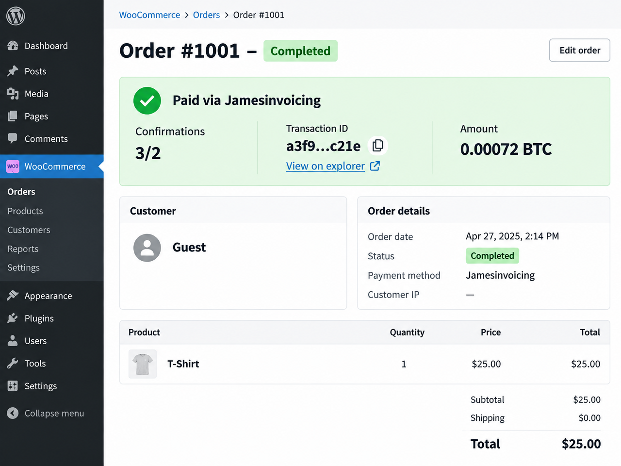 Order marked Completed after blockchain confirmation, with transaction link.