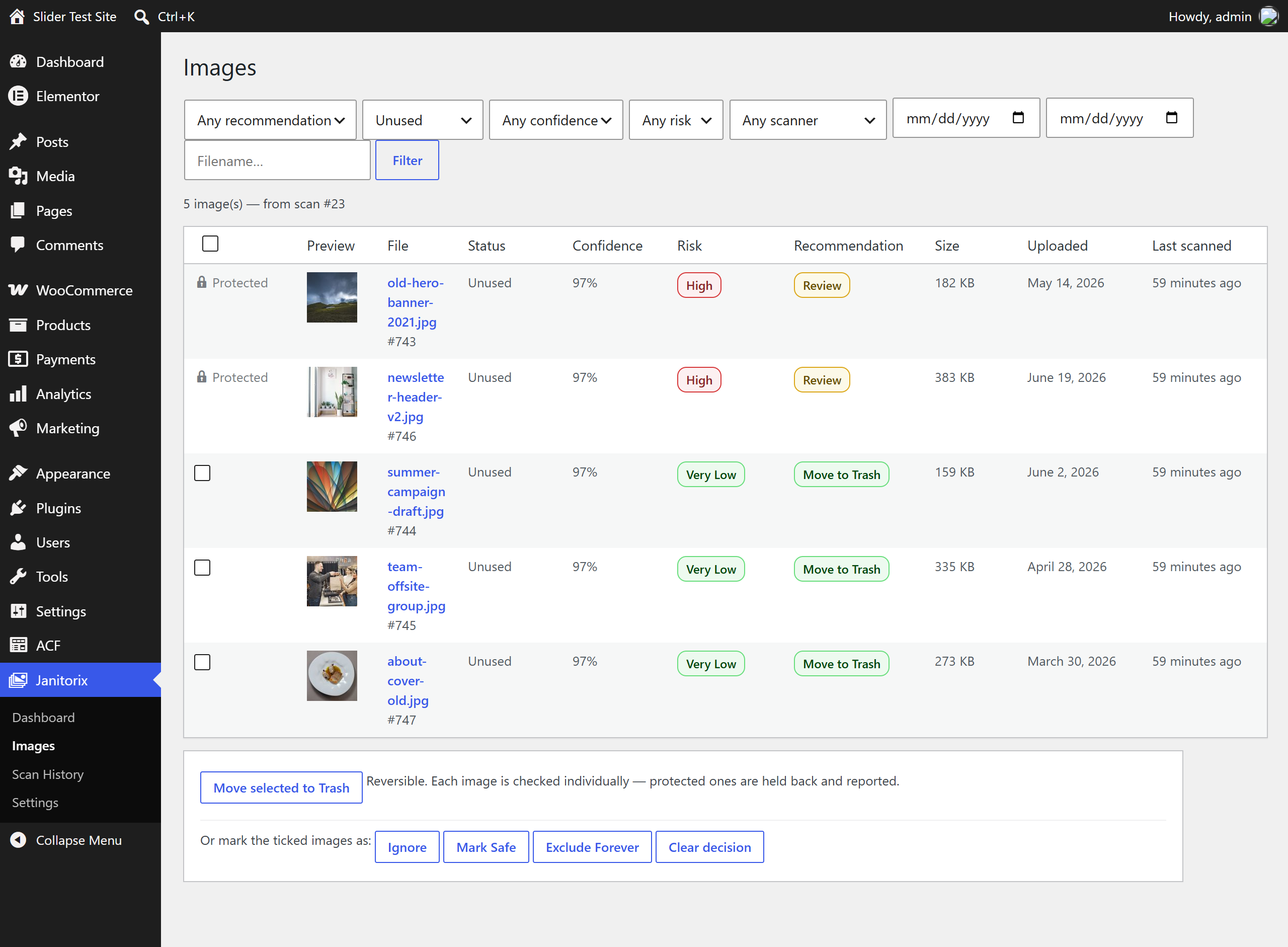 Every unused image with its confidence, its risk, and what to do about it. A row that cannot be trashed has no checkbox