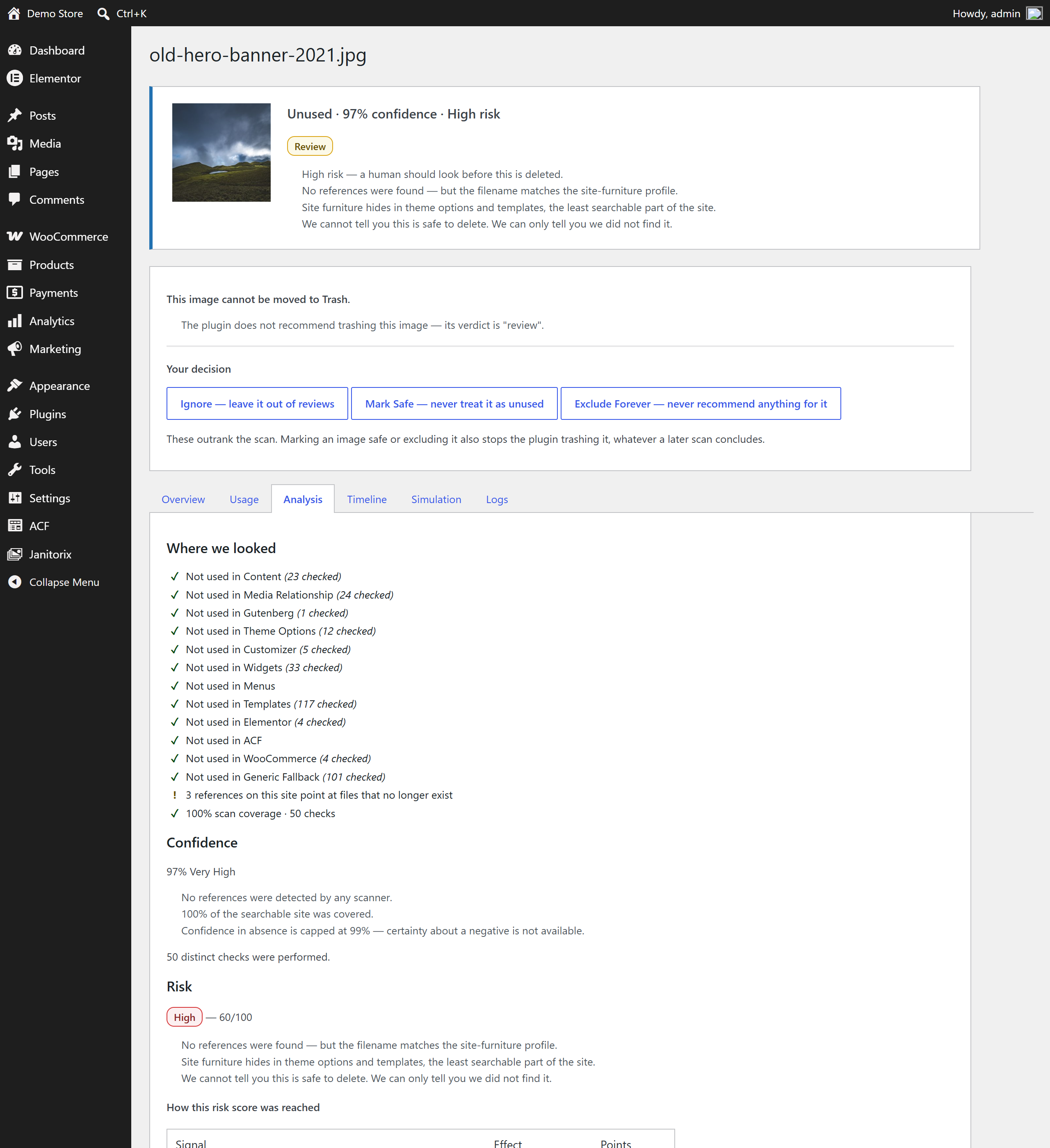 Why an image scored what it did — where the plugin looked, what it found, and how the risk was reached