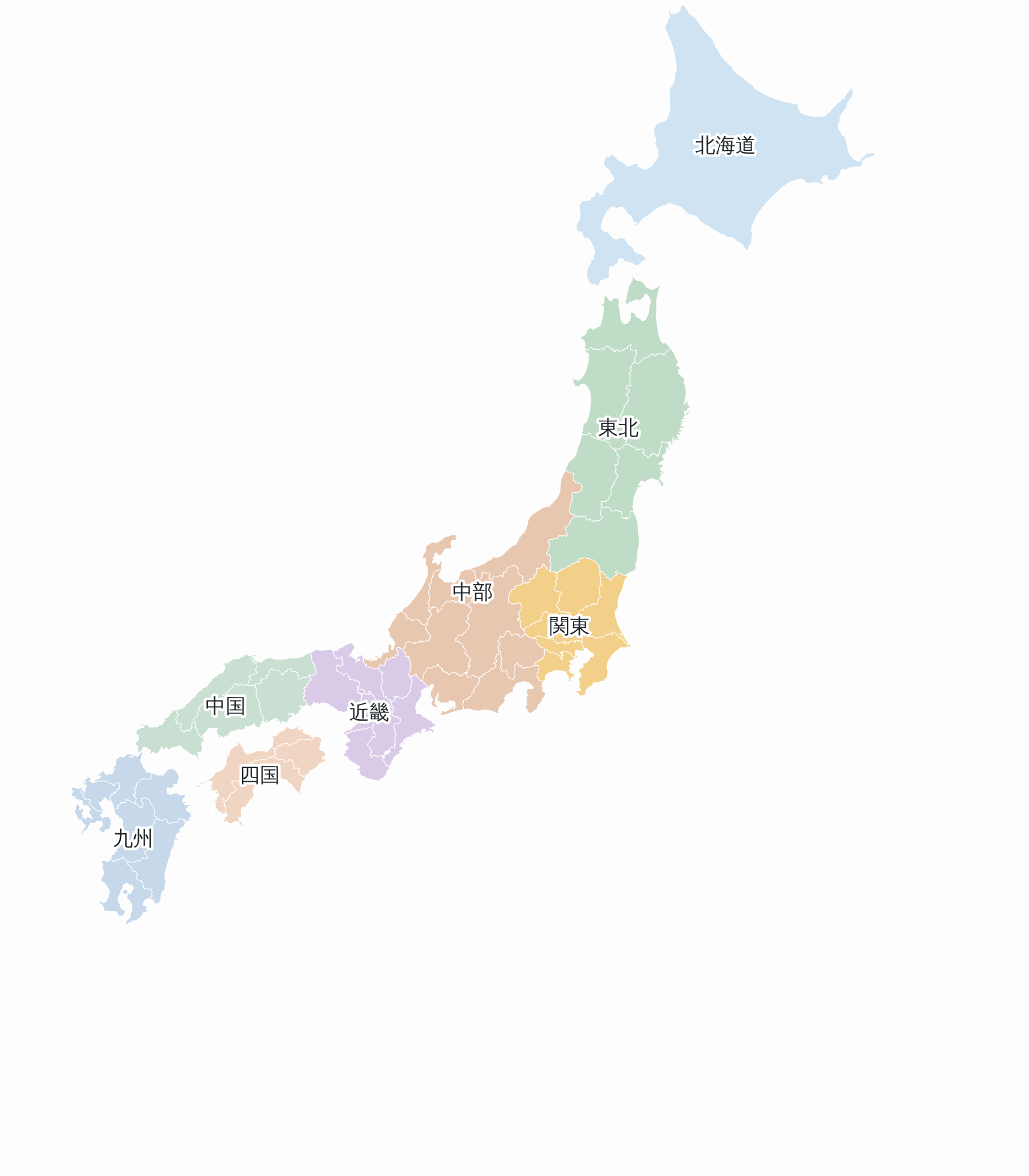 A prefecture map on the front end. The 47 prefectures are grouped into Japan's eight standard regions, each with its own fill.