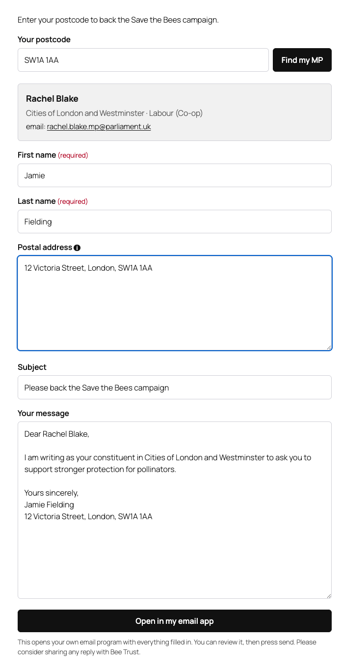 MP details and the pre-written, editable letter shown after a successful lookup.