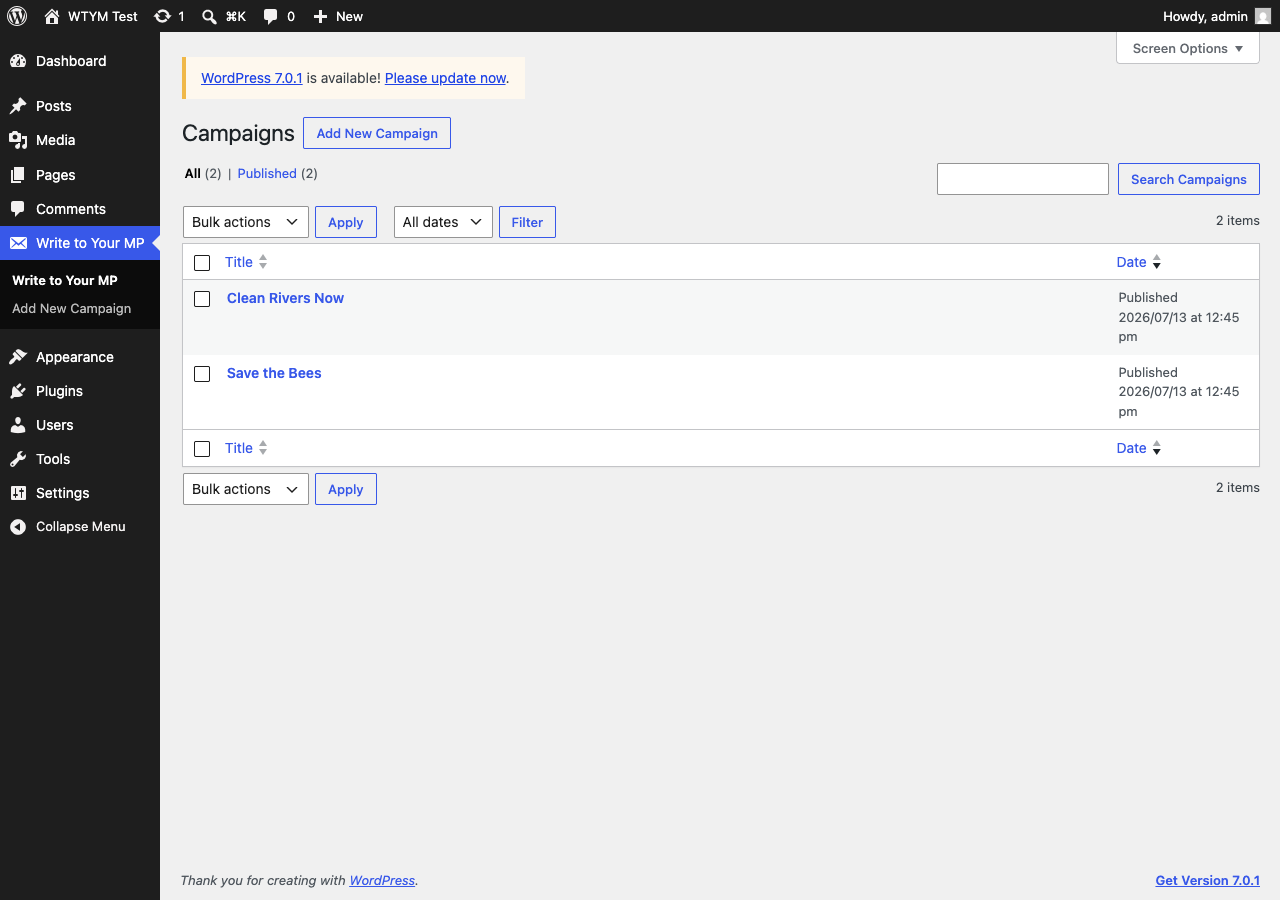 Managing multiple campaigns in the WordPress admin.