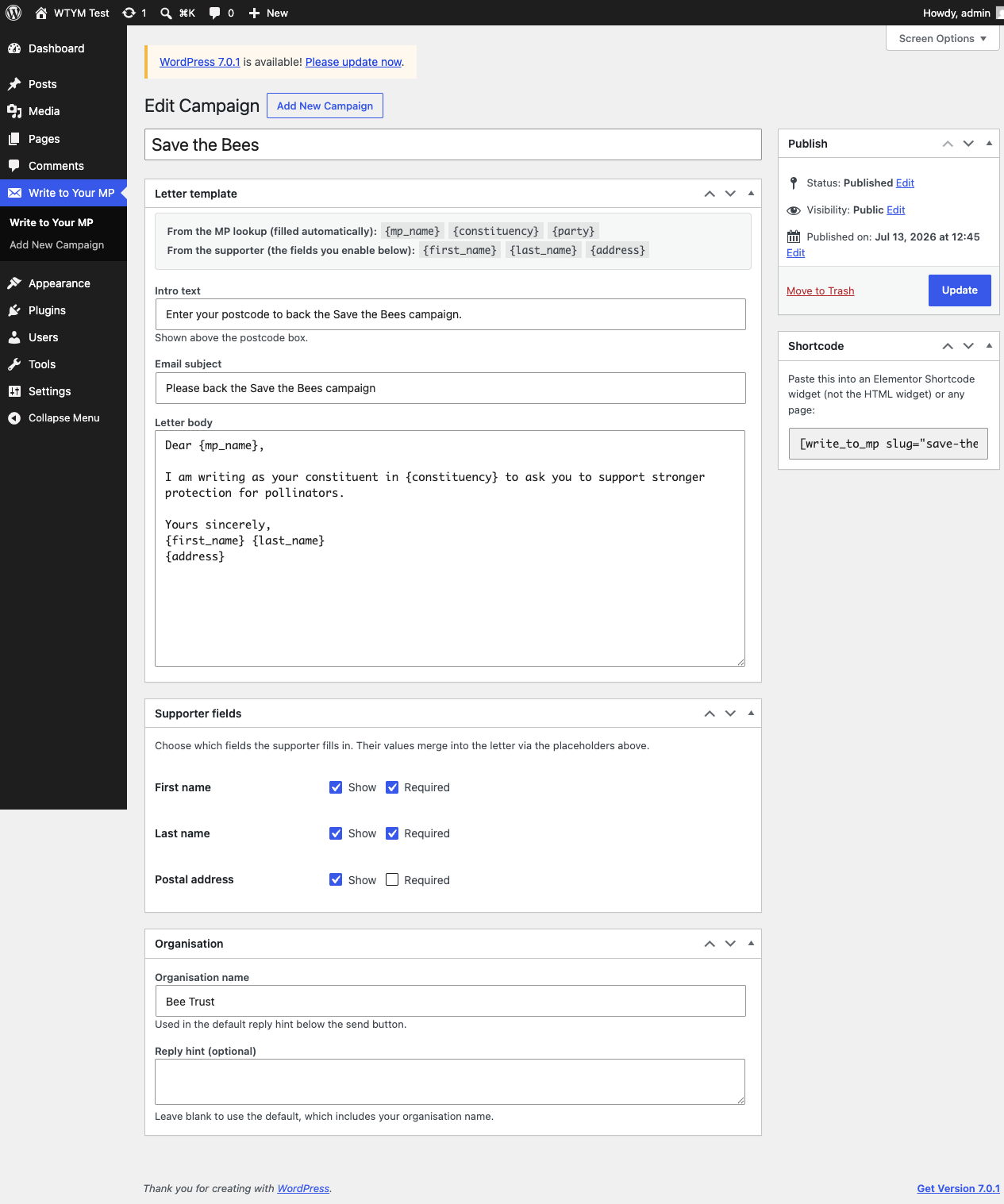 Editing a campaign: intro, subject, letter body, and supporter fields.