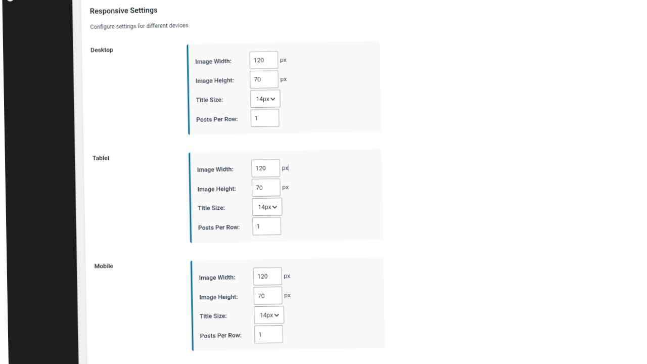 Settings page - Responsive settings