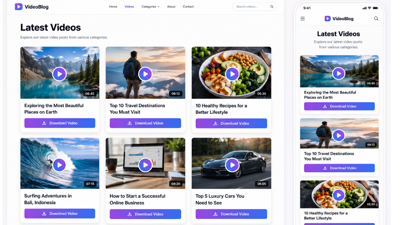 Frontend feed view showing video cards with thumbnails and download buttons.